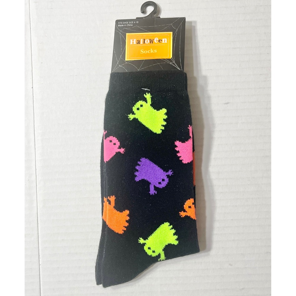 Kohls Halloween Neon Ghost Crew Socks Black Multi Color Size 9-11 Shoe 4-10 NEW